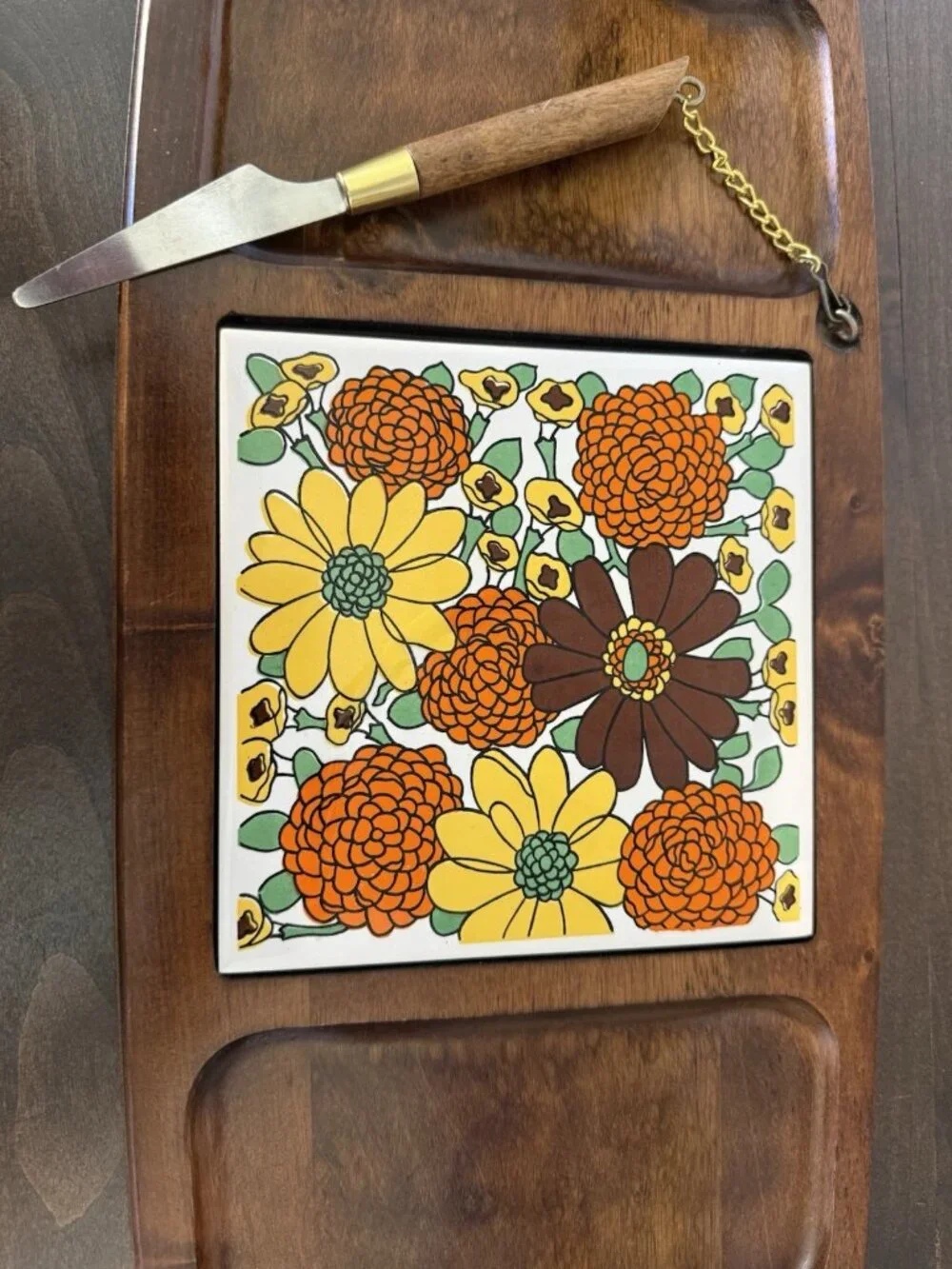 Vintage Gail Craft Wooden Cheese Board  Floral Center Trivet and Knife 1970's